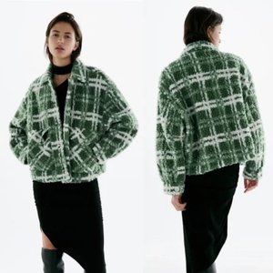 ZARA Combination Green Plaid Fleece Jacket